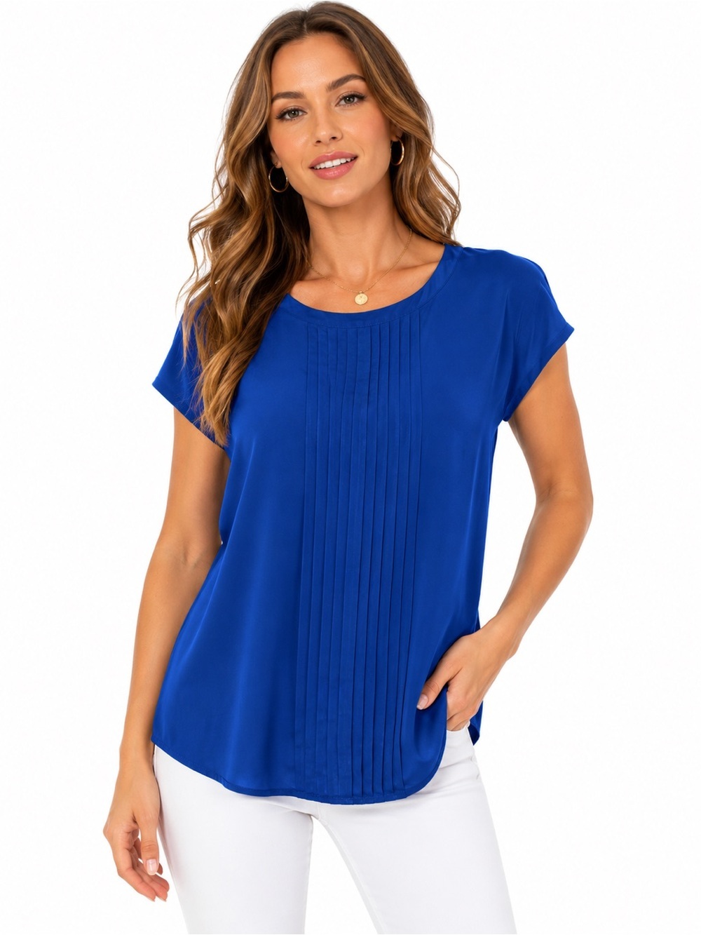 Liz Claiborne Pleated Front Blouse Top Size 4 Royal Blue Short Sleeve